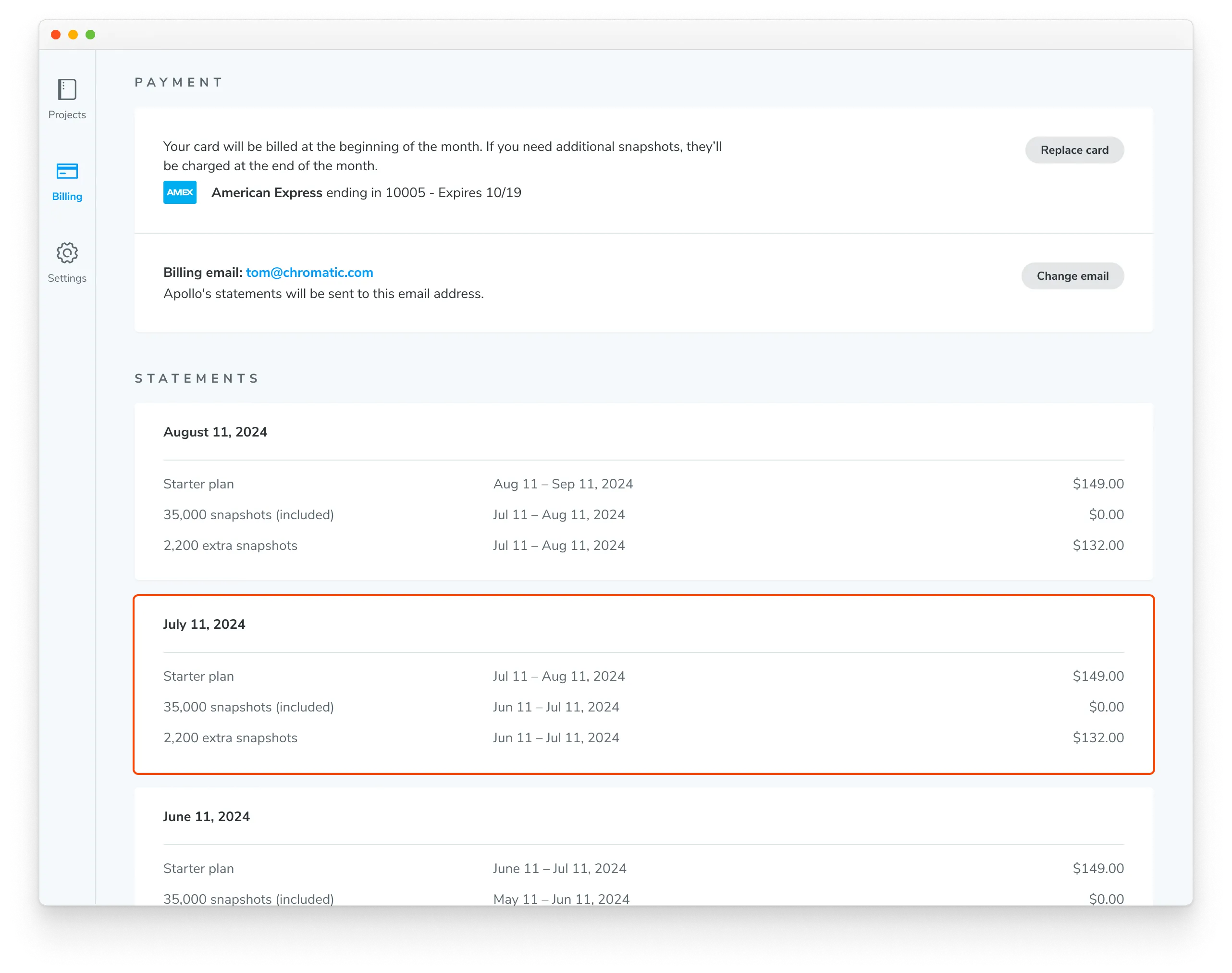 Access a previous billing period&#x27;s usage report from the statements section